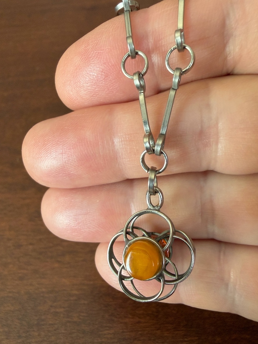 Vintage floral pendant necklace butterscotch and cognac amber